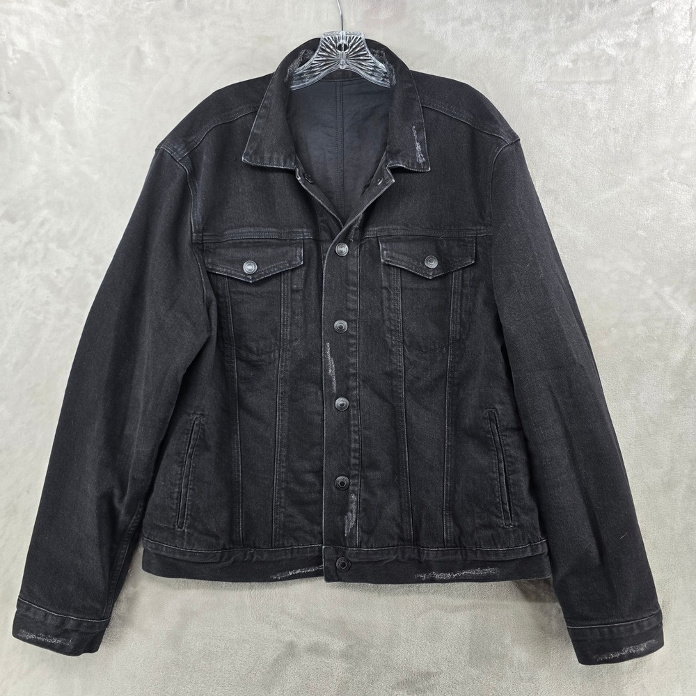 AllSaints Denim Jacket Mens XL Black Distressed Trucker Reversible Snap button